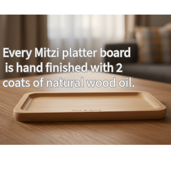 small beech wood sushi serving tray shown on dining table