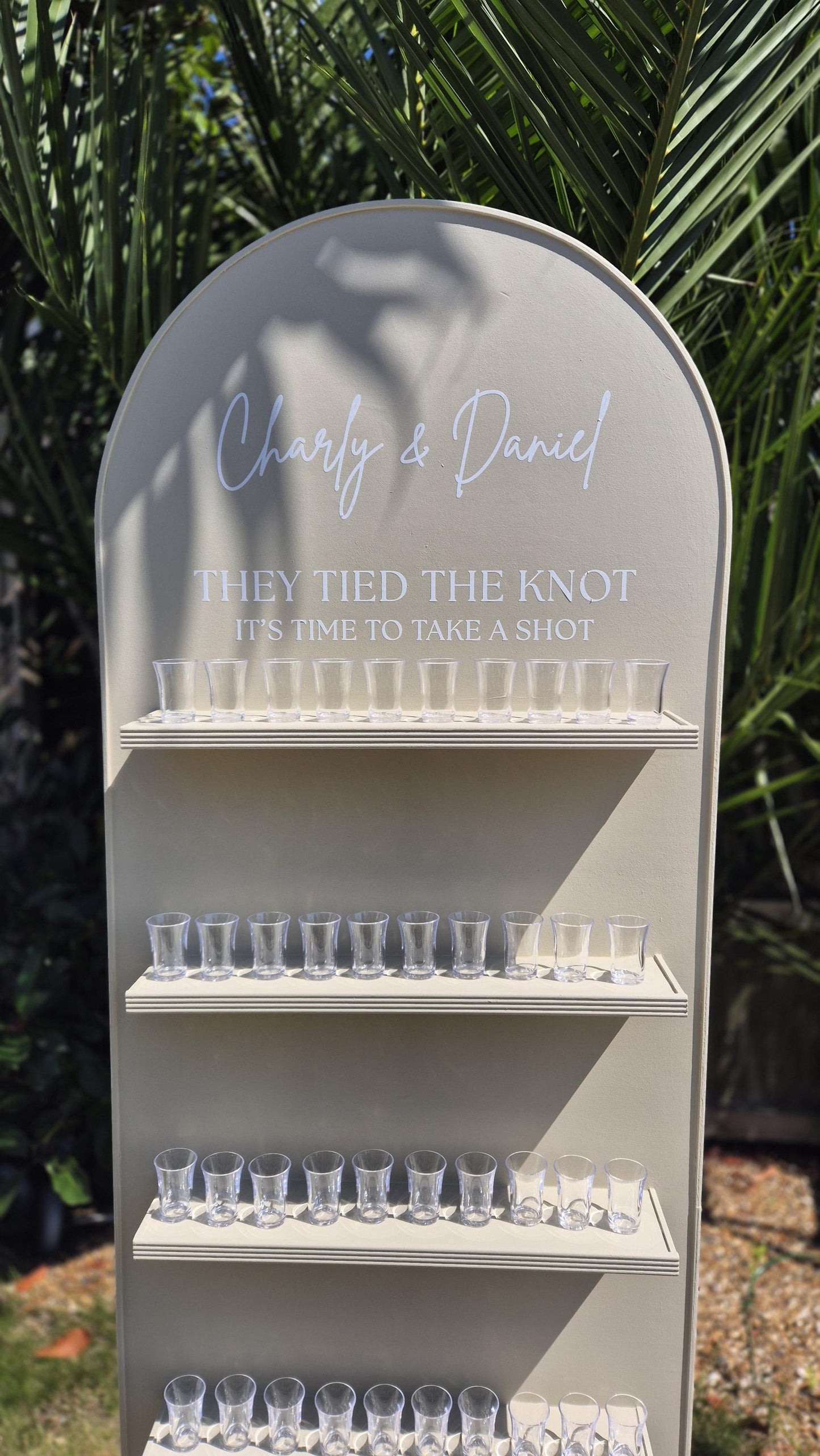 High quality hand made bespoke shot wall, ideal for weddings, parties and garden events. Finished ready to use. Including 50 shot glasses and personalised with your own message. All included in the low offer price. Hand painted with premium high end furniture paint. Long lasting and durable.