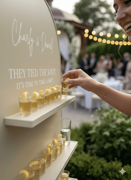 close up front side angle view o shot glasses filled with a coloured drink and a slice of lemon, being served to a young lady at an outdoor celebration.