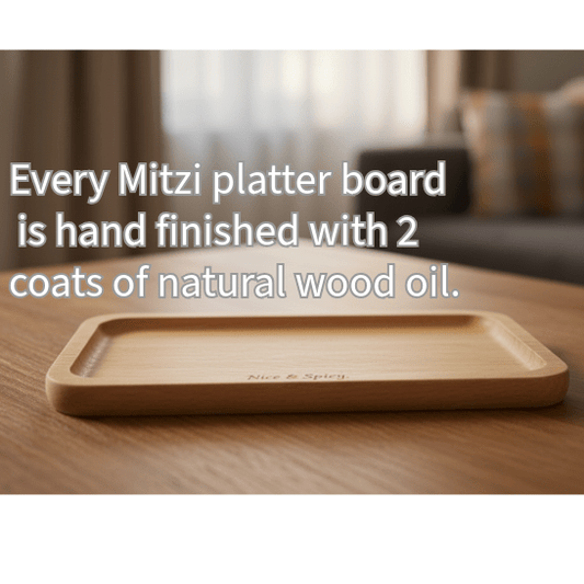 small beech wood sushi serving tray shown on  dining table