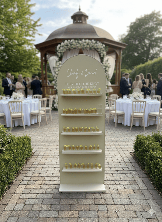 full front view of a wedding shot wall, the shelves are full of shot glasses ready to be used, it is in a wedding reception setting